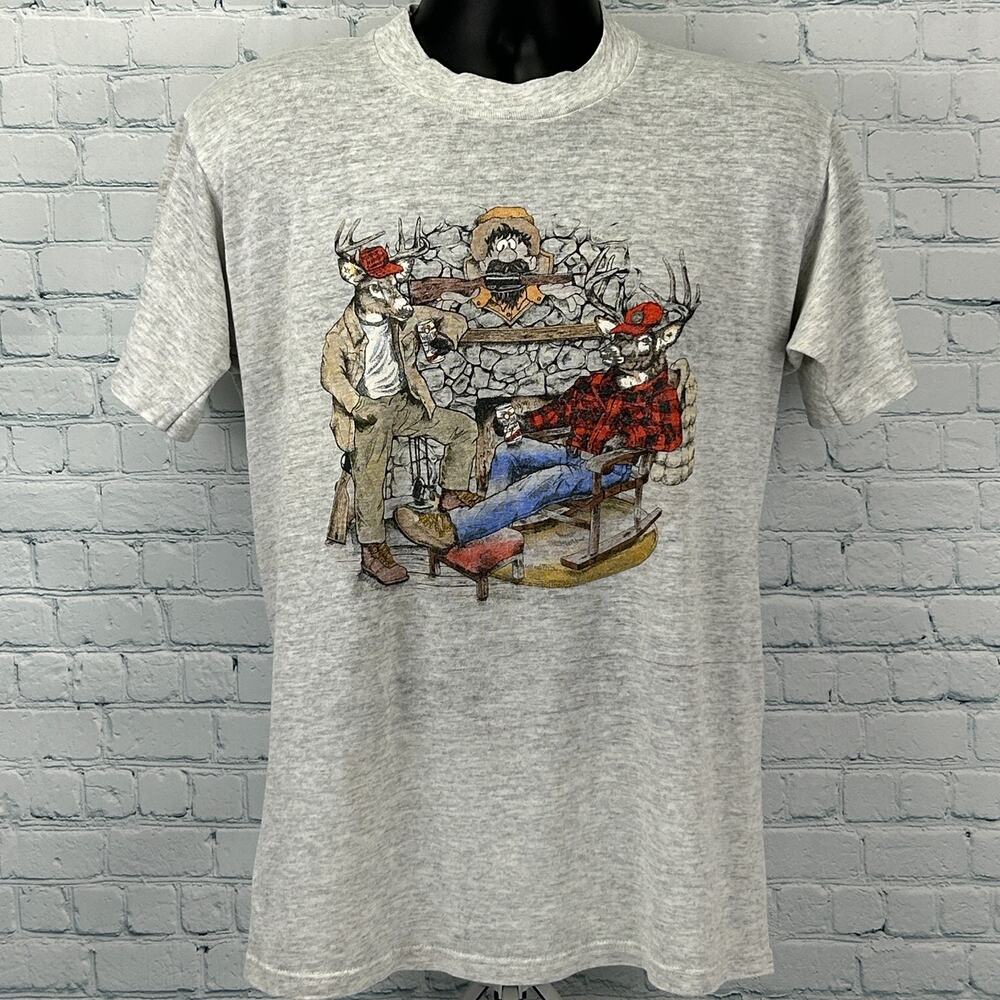 Vintage 90s Deer Hunter Funny T Shirt Hunting Cabin Made In USA Gray M Medium - Picture 2 of 10